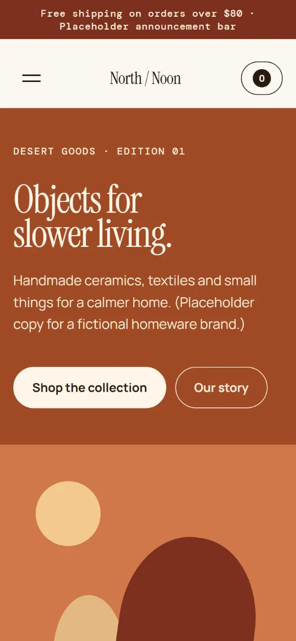 Mobile view of North / Noon, a sample homeware storefront designed by KELLYRAY / STUDIO