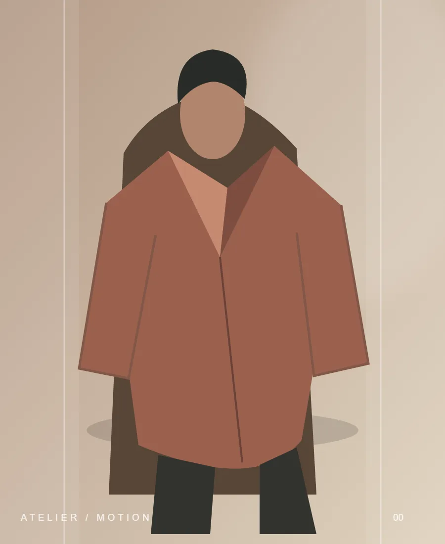 Illustrated figure in a sculptural clay coat against warm stone architecture
